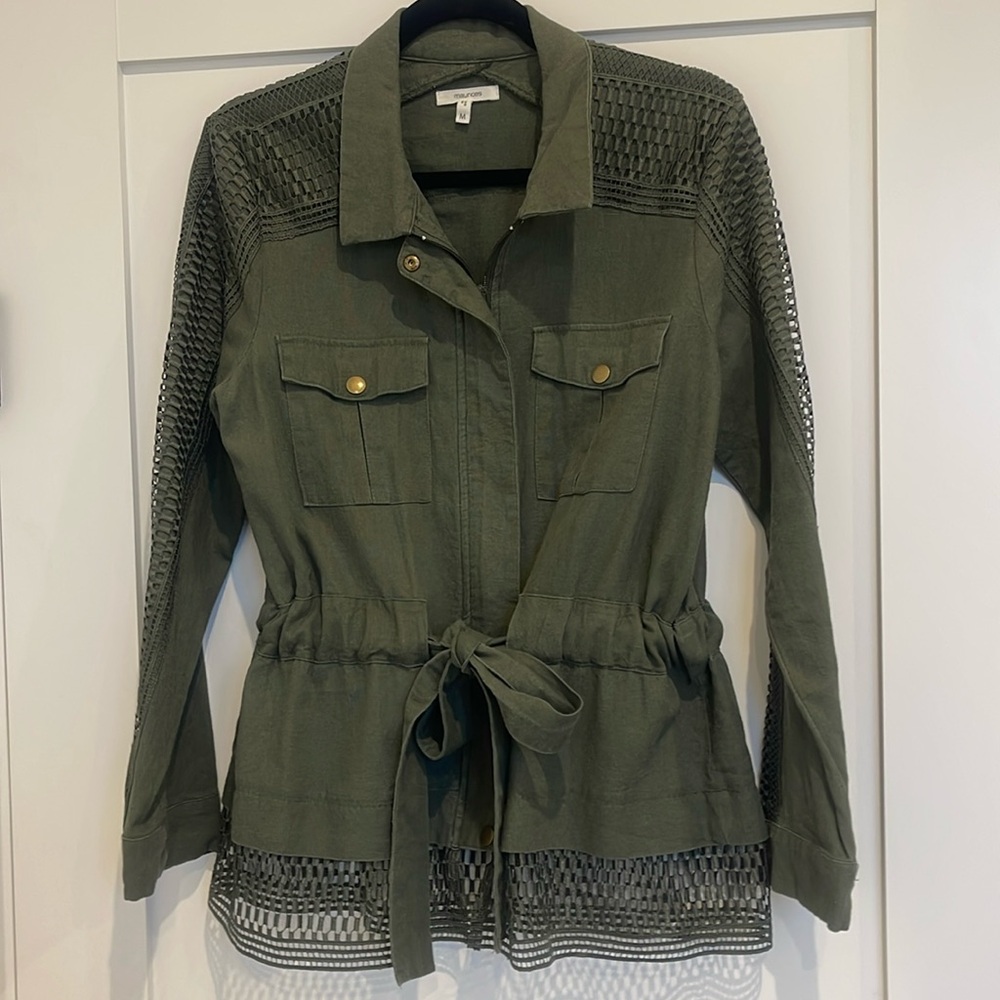 Olive green zip up jacket with tie waist